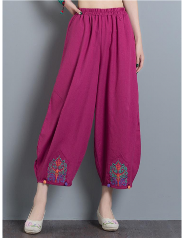 Vintage Embroidery Casual Loose Women Wide Leg Pants