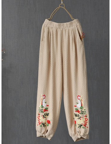 Vintage Embroidery Elastic Waist Frog Button Pants For Women
