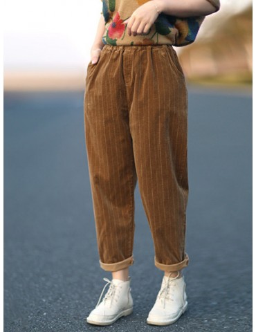 Harem Vertical Striped Solid Color Corduroy Pants