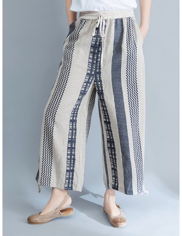 Stripe Plaid Print Wide Leg Drawstring Waist Casual Pants