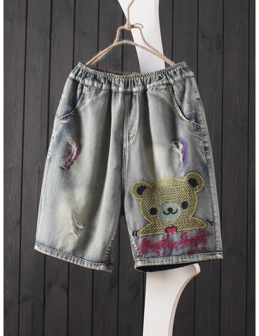 Cartoon Bear Embroidery Ripped Short Jeans For Women