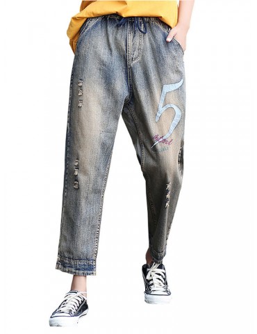 Embroidered Number Casual Loose Harem Jeans