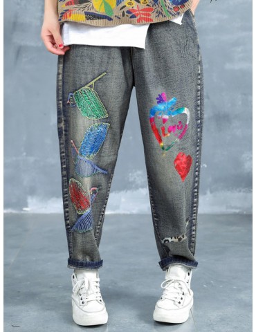 Vintage Embroidery Printed High Waist Loose Casual Jeans