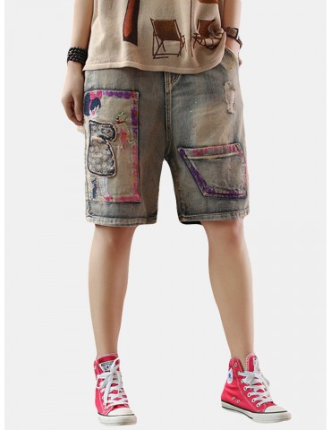 Cartoon Print Patch Casual Short Jeans For Women