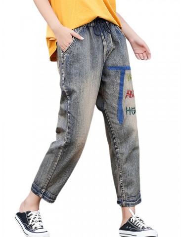 Letter Embroidery Patch Cuff Casual Denim