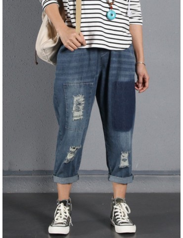 Patchwork Ripped Casual Harem Jeans For Women