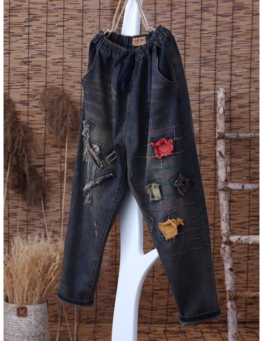 Patch Embroidered Ripped Drawstring Vintage Denim