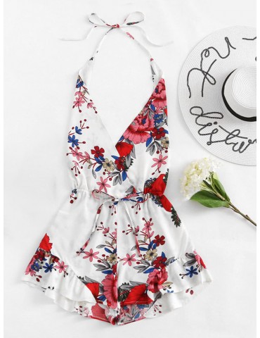 Sexy Backless Halter Floral Printed Bohemian Short Jumpsuits