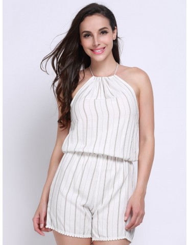 Women Casual Stripe Halterneck Backless Lace-up Sleeveless Short Jumpsuits