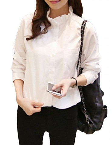 Ruffles Neck Solid Color Long Sleeve Shirt