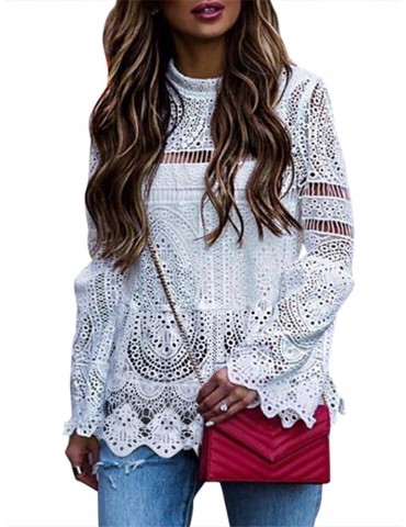Solid Color Lace Hollow Long Sleeve Blouse For Women