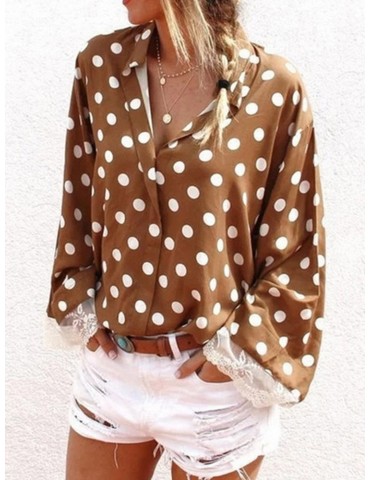 Lace Patchwork Polka Dot Long Sleeve Blouse For Women