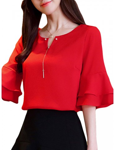 Chiffon Solid Color Bell Sleeve O-neck T-shirt