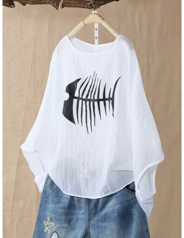 Casual Fish-bone Print 3/4 Sleeve Oversize T-Shirt