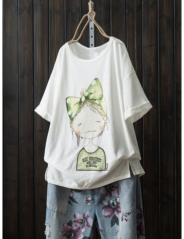 Cartoon Girl Print Embroidery Short Sleeve Casual Women T-shirt