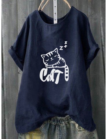 Casual Print Sleepy Cat Short Sleeve T-Shirt