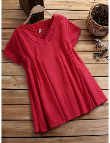 Solid Color Loose Pleated Short Sleeve O-neck Casual T-shirts