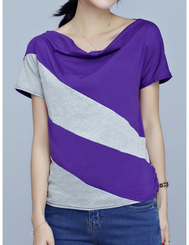 Casual Patchwork Short Sleeve Pile Collar T-shirt For Women