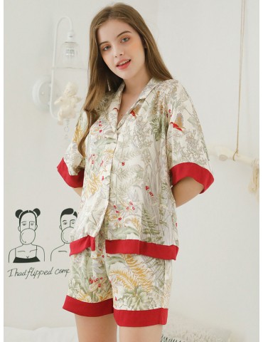 Satin Women Pajamas Short Sets Print Patchwork Home Sleepwear