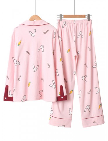 Cotton Cute Pajamas For Women Rabbit Carrot Print Sleepwear Casual Long Sets