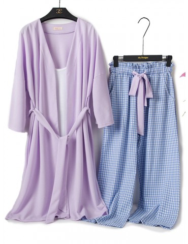 Home Pajamas Cotton Plaid Casual Sleepwear Three Pieces