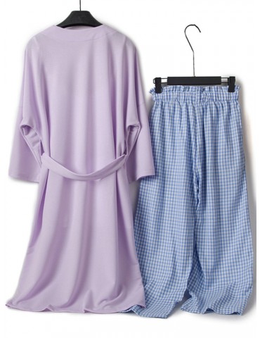 Home Pajamas Cotton Plaid Casual Sleepwear Three Pieces