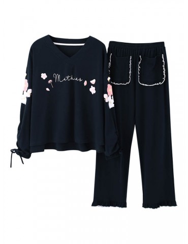 Cotton Women Pajamas Flowers Print Loose Drawstring Sleeves Sleepwear Suits With Pockets