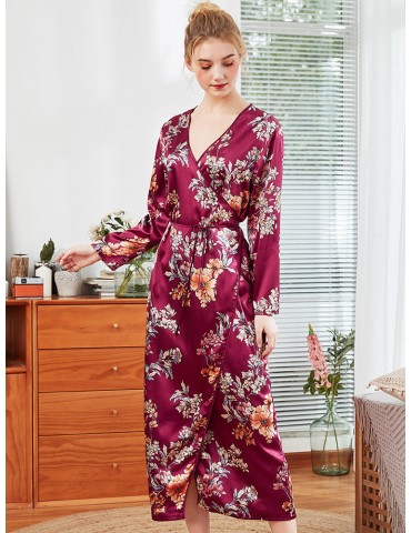 Home Pajamas Floral Silk V Neck Long Soft Robe Sleepwear