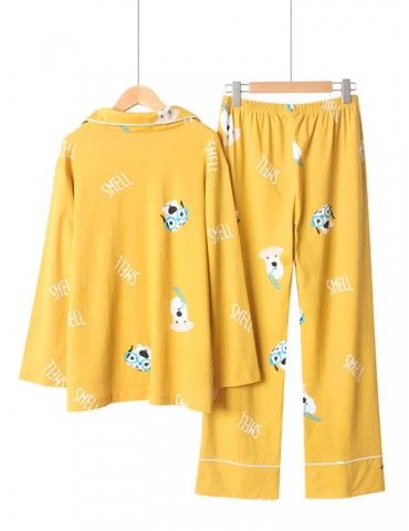 Cotton Cute Women Pajamas Cartoon Dogs Print Letters Irregular Sleepwear Long Sets