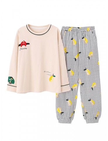 Casual Cotton Pajamas For Women Print Plaid Loose Sleepwear Suits