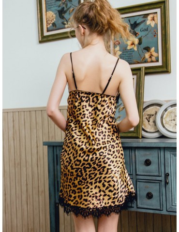 Leopard Nightdress Women Pajamas Lace V-Neck Sleeveless Sleepwear