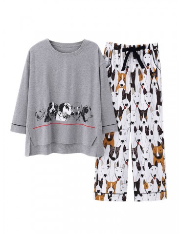 Casual Pajamas For Women Cotton Cartoon Dogs Printed Sleepwear
