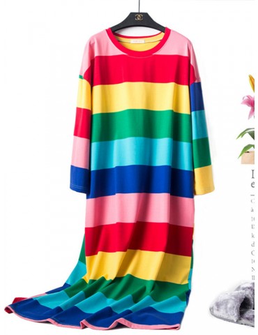 Plus Size Pajamas Cotton Multi-Color Striped Loose Home Casual Summer Autumn Sleepwear