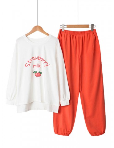 Cotton Pajamas Long Sets Fruits Cartoon Print Elastic Sleeves Sleepwear
