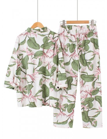 Cotton Women Pajamas Long Sets Leaves Print Casual Sleepwear