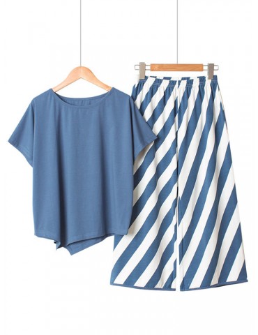 Cotton Pajamas For Women Striped Irregular Short Sleeves Casual Sleepwear