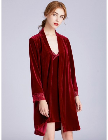 Velvet Long Sleeves Red Robe With Sling Lace Patchwork Soft Pajamas Two Pieces