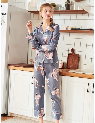 Women Pajamas Silk Birds Print Long Comfort Sleepwear Suits