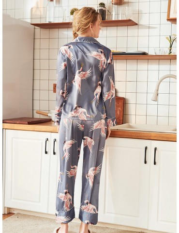 Women Pajamas Silk Birds Print Long Comfort Sleepwear Suits