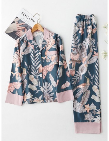 Autumn Cotton Women Pajamas Magpie Print Casual Sleepwear Long Sets