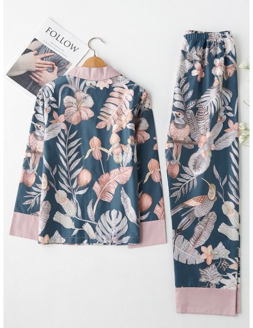 Autumn Cotton Women Pajamas Magpie Print Casual Sleepwear Long Sets