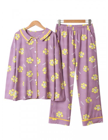 Cotton Women Pajamas Long Sets Flowers Print Floral Casual Sleepwear