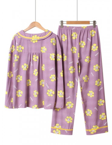 Cotton Women Pajamas Long Sets Flowers Print Floral Casual Sleepwear