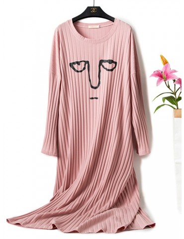Plus Size Home Pajamas Cotton Expression Print Striped Long Sleepwear
