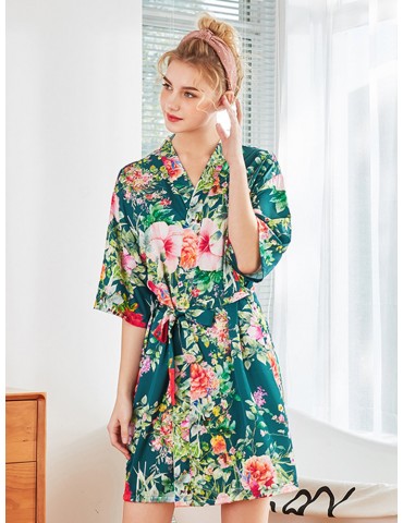 Home Pajamas Silk Robe Floral Print V-Neck Knee Loose Sleepwear