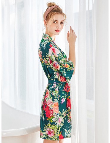 Home Pajamas Silk Robe Floral Print V-Neck Knee Loose Sleepwear