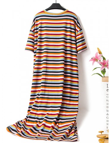 Plus Size Home Sleepwear Animal Print Cotton Multi-Color Striped Short Sleeves Pajamas
