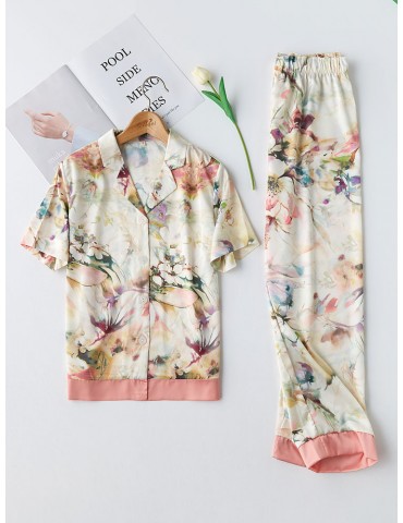 Satin Pajamas Sets For Women Floral Multi-Color Patchwork Comfort Sleepwear