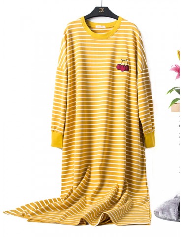 Plus Size Home Pajamas Cotton Striped Embroidery Long Casual Sleepwear