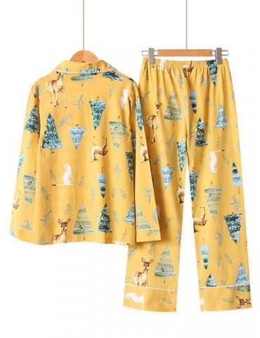 Cotton Comfy Women Pajamas Deer Forest Print Long Sets Sleepwear